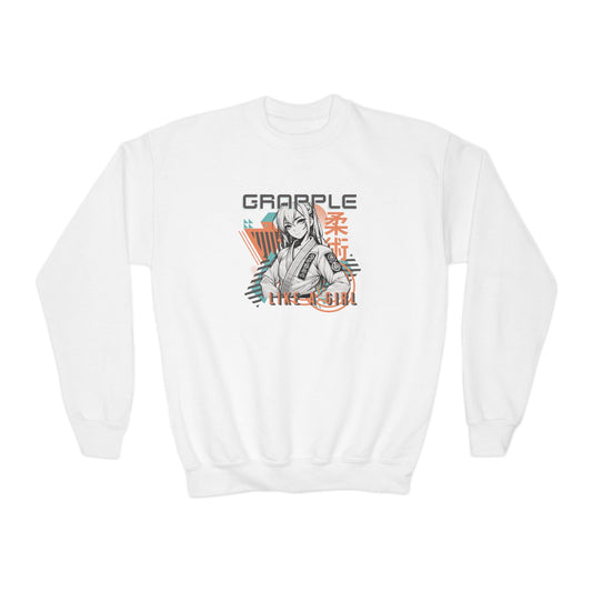 Grapple Like A Girl Youth Crewneck Sweatshirt - Anime Girl