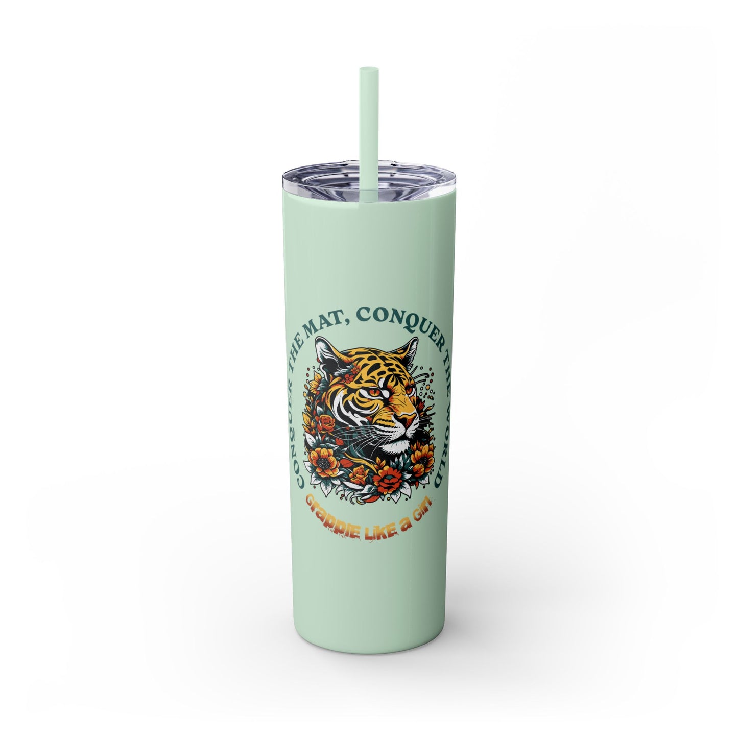 Conquer the Mats, Conquer the World Skinny Tumbler with Straw, 20oz