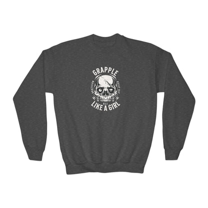 Grapple Like A Girl Youth Crewneck Sweatshirt - Skull