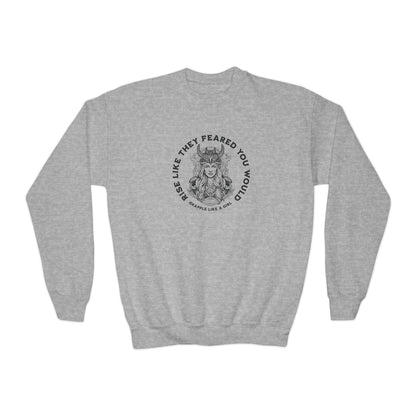 Grapple Like A Girl Youth Crewneck Sweatshirt - Rise like they feared you would.