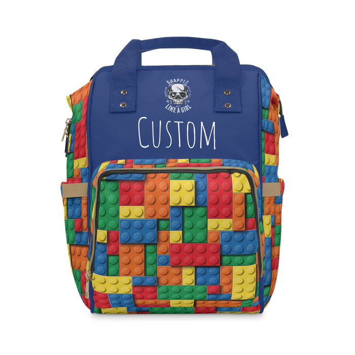 Colorful backpack with lego block pattern and 'CUSTOM' text on a white background