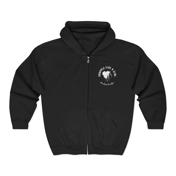 Black hoodie with white graphic and text on a white background