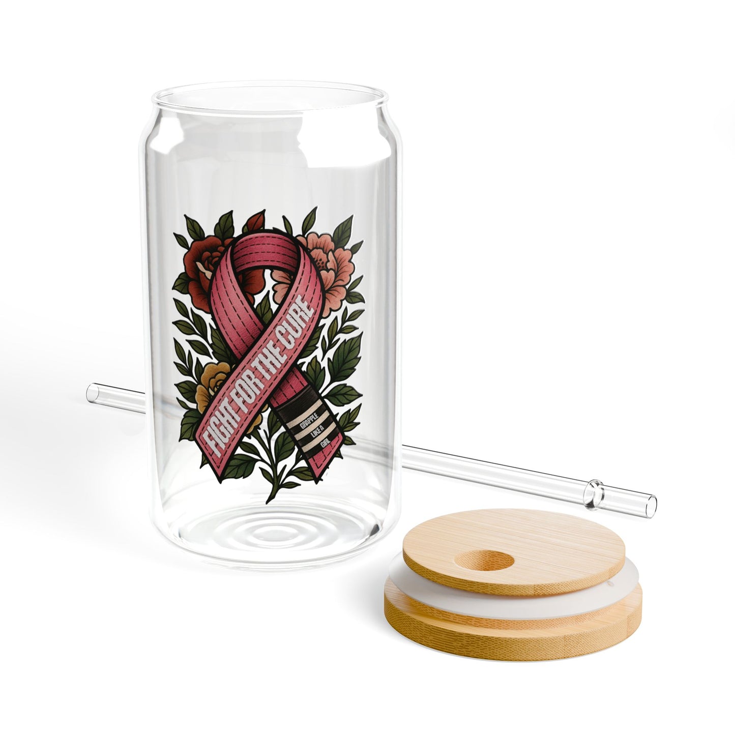 Women's Grapple like a Girl Sipper Glass Cup - Fight for the Cure, Breast Cancer Awareness