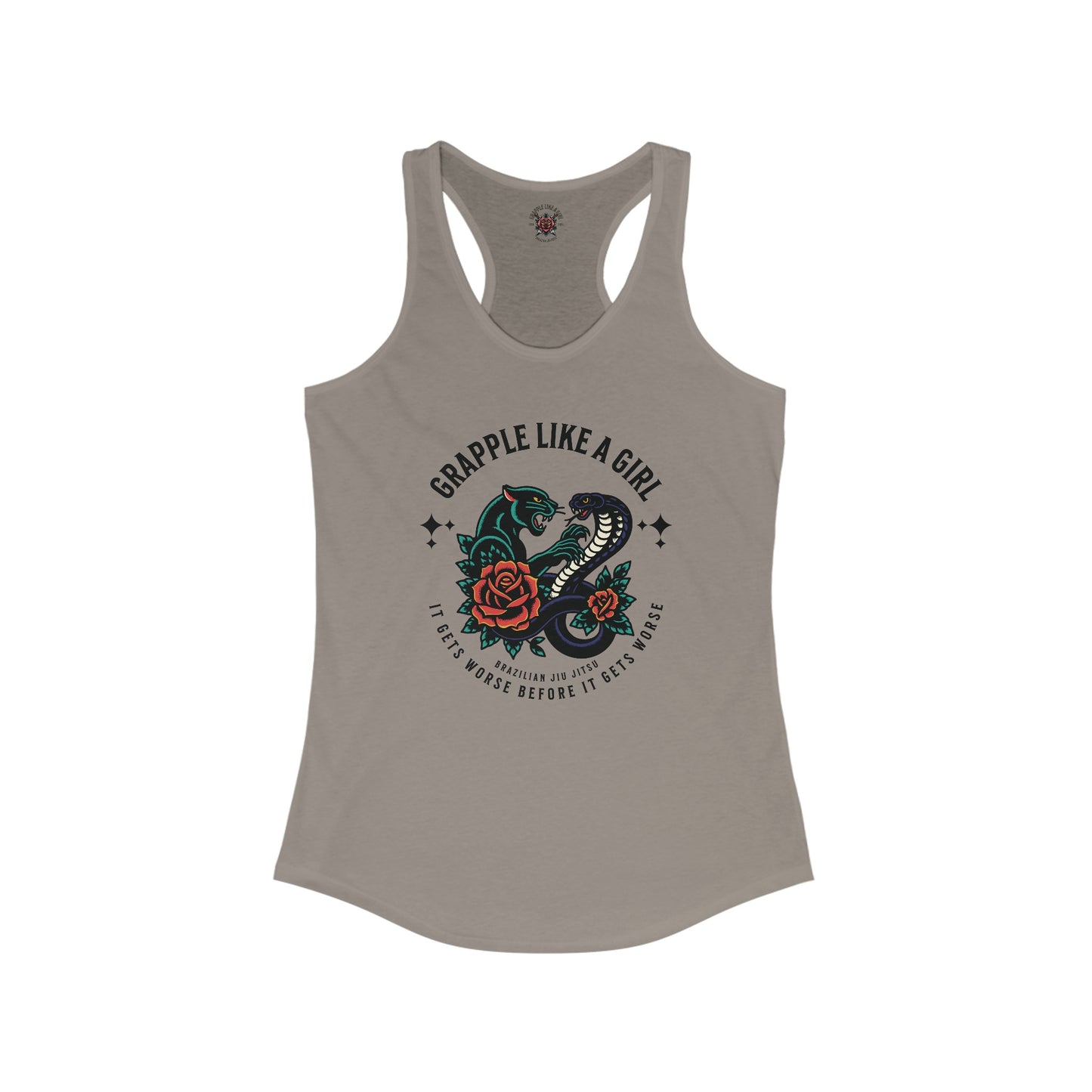 Women's Grapple like a Girl Jiu Jitsu Racerback Tank - It gets worse Snake/Panther