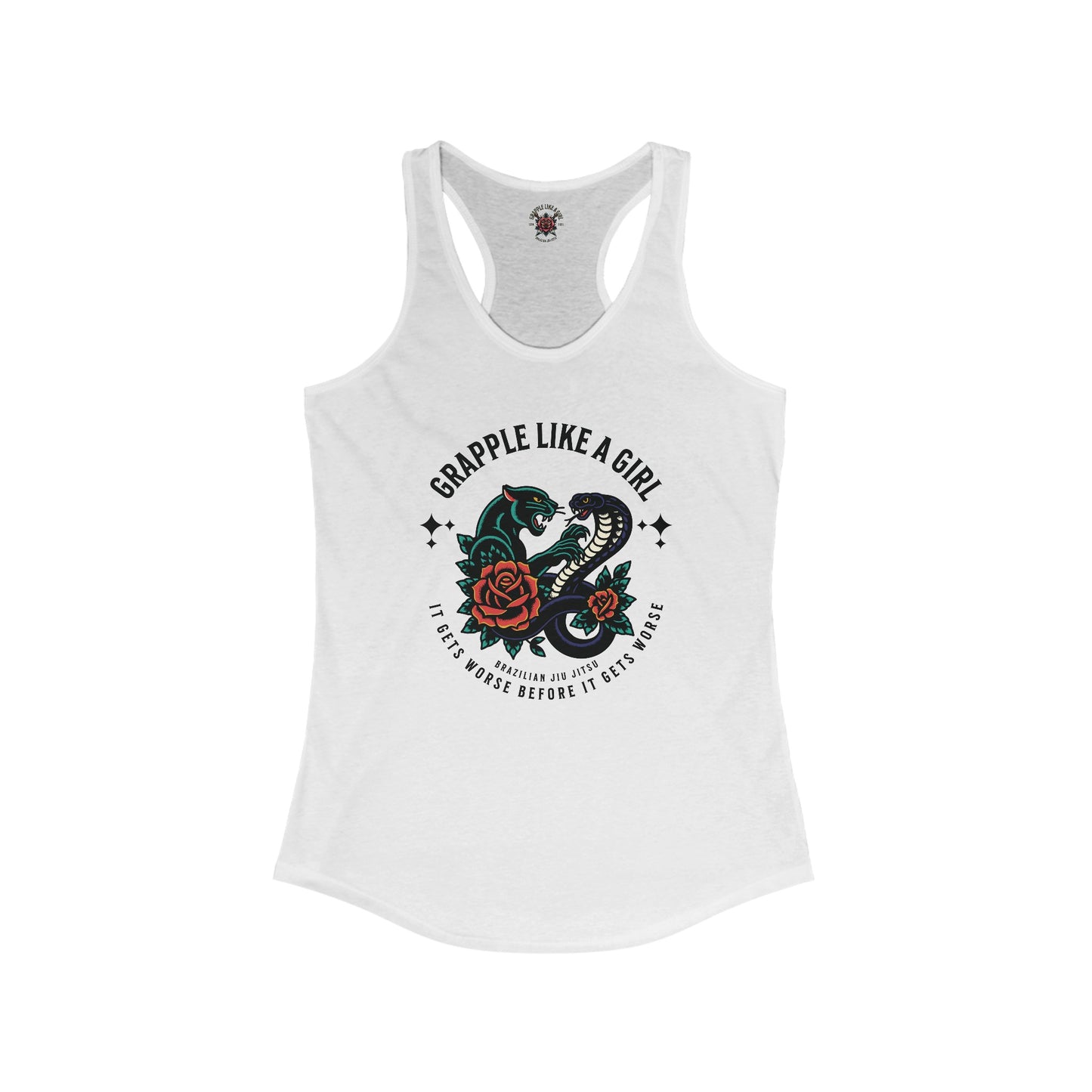 Women's Grapple like a Girl Jiu Jitsu Racerback Tank - It gets worse Snake/Panther