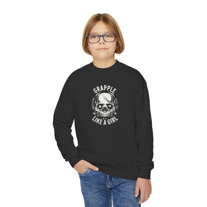 Grapple Like A Girl Youth Crewneck Sweatshirt - Skull