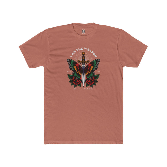 Brown t-shirt with a butterfly and sword design on a white background