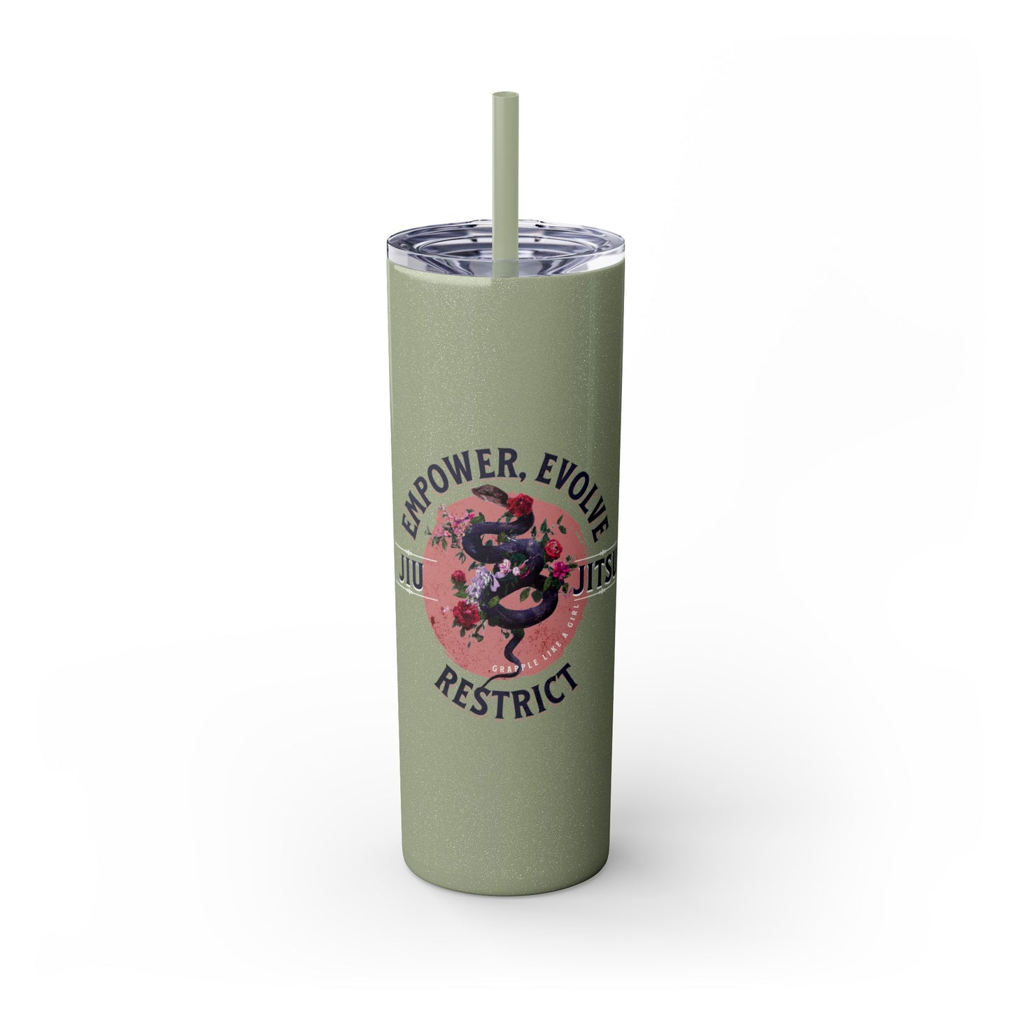 Ladies BJJ Empower, Evolve, Restrict Skinny BJJ Gift Tumbler with Straw, 20oz