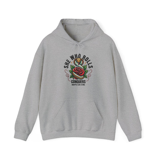 Grapple like a Girl Jiu Jitsu Hoodie - She Whoe Rolls Conquers