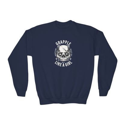 Grapple Like A Girl Youth Crewneck Sweatshirt - Skull