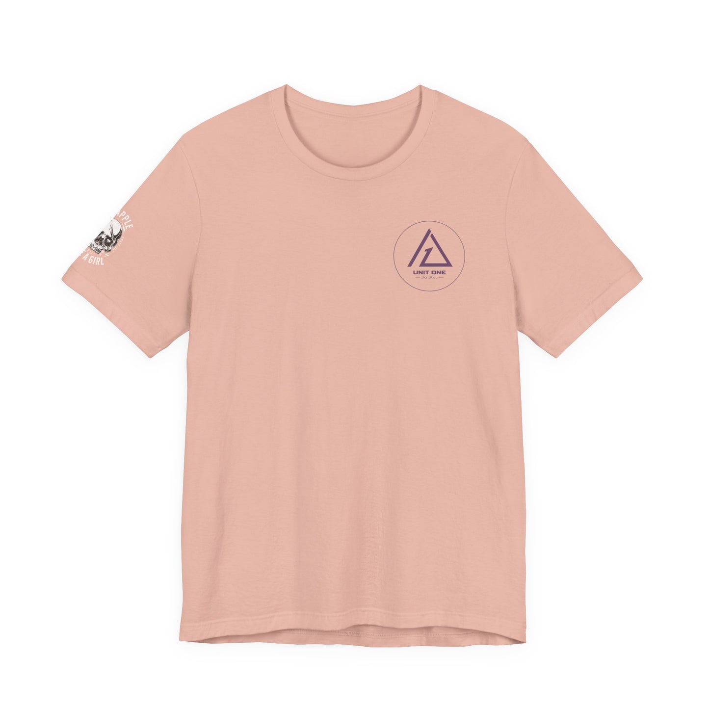 Light pink T-shirt with Unit One Jiu-Jitsu chest logo and Grapple Like a Girl sleeve graphic