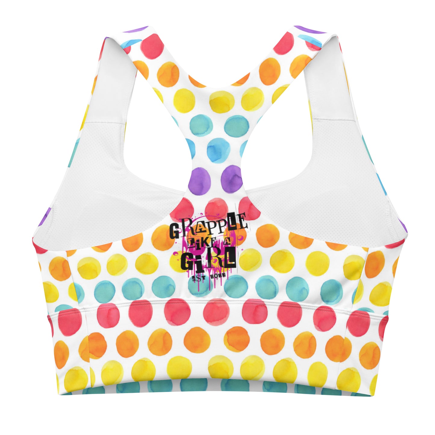 Grapple Like a Girl Rainbow Polka Dot Longline sports bra