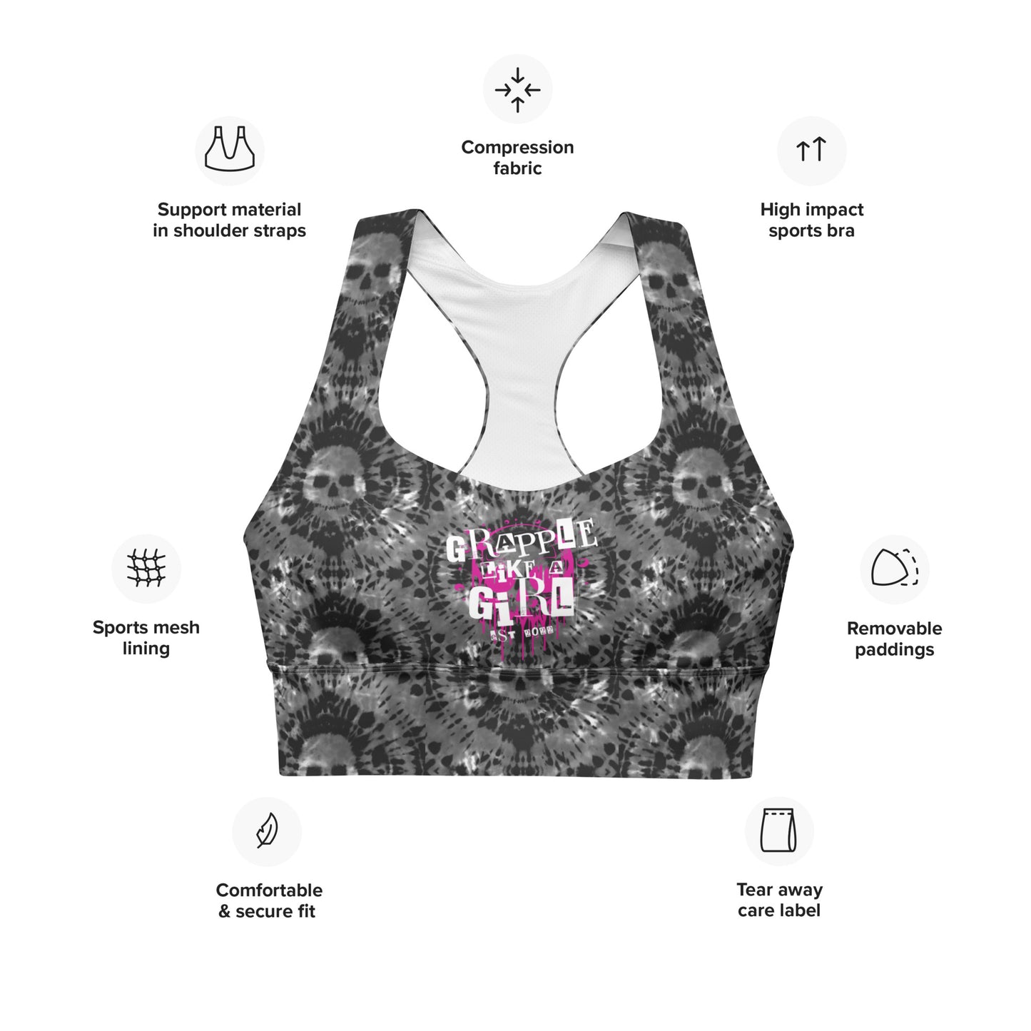 Grapple like a Girl Tie Dye Skulls Longline sports bra