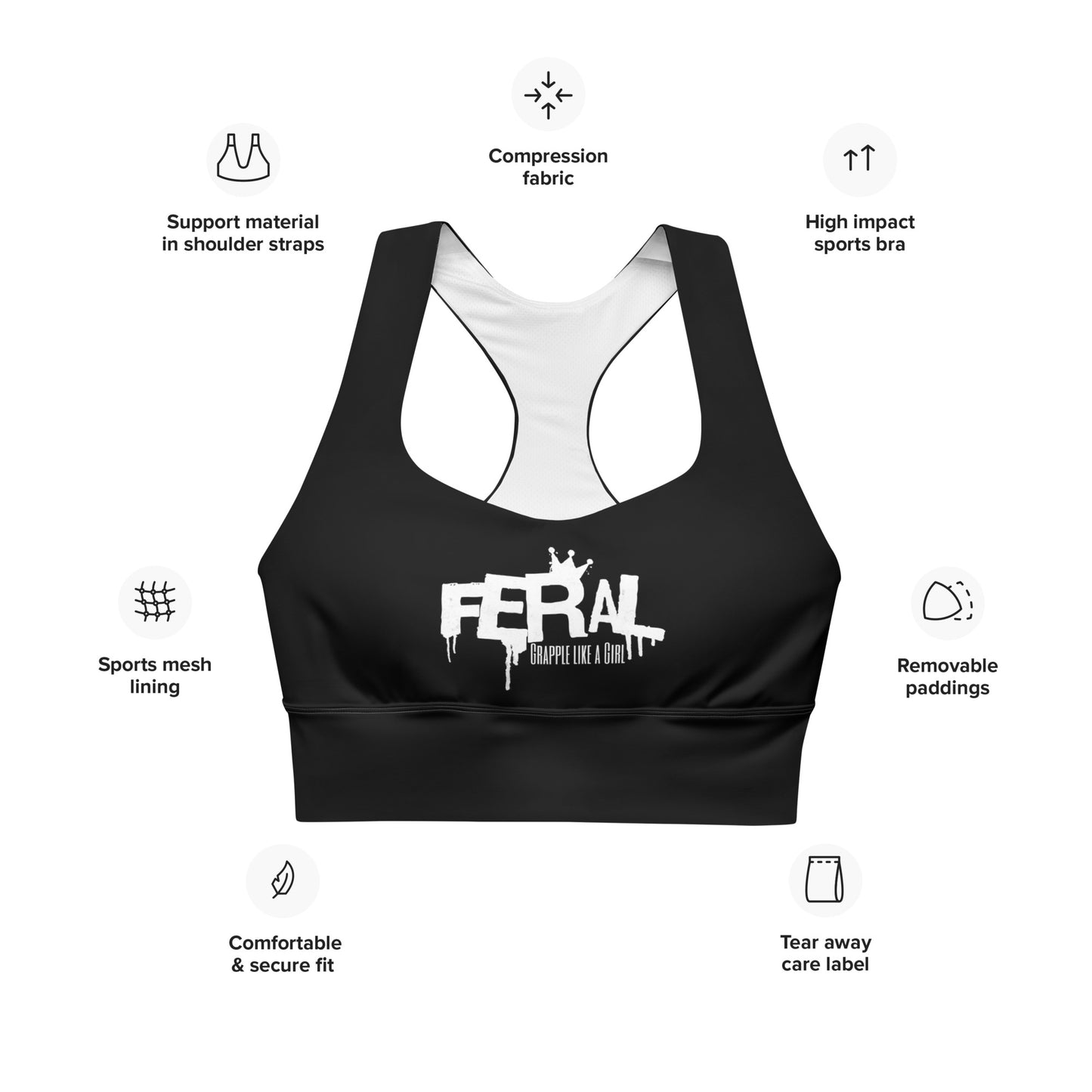 Grapple like a Girl Feral Longline Sports Bra - Solid Black