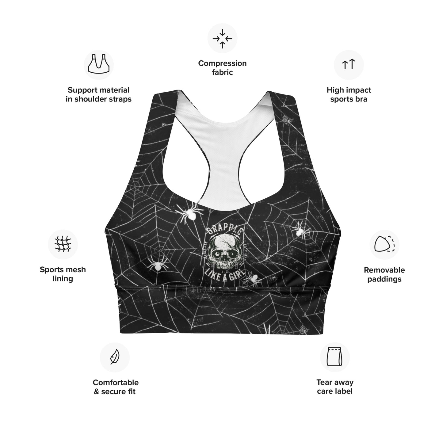 Grapple like a Girl Longline Sports Bra - Spiderwebs