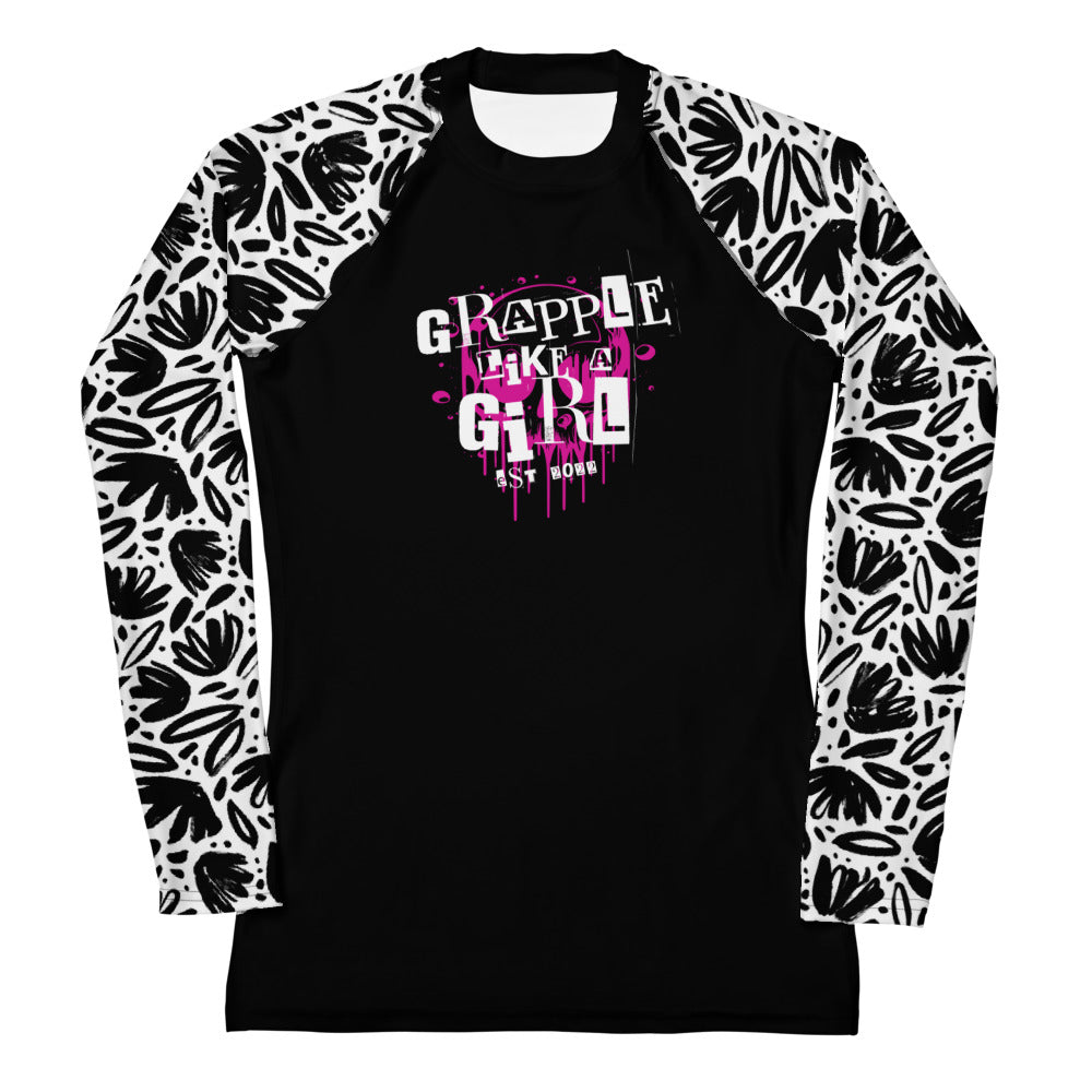 Women's Grapple like a Girl Rash Guard - Doodle Flower Print