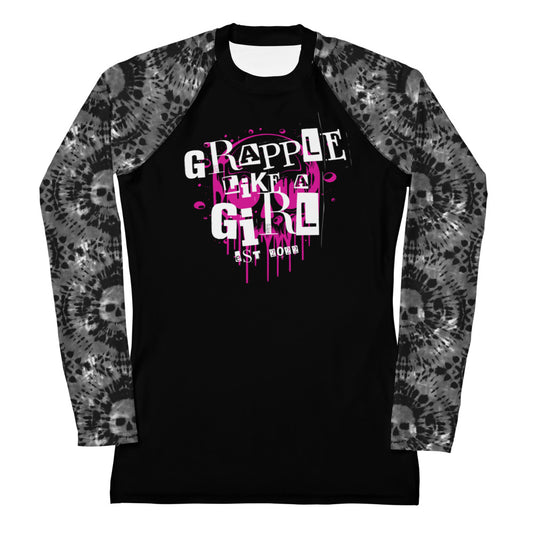 Women's Grapple like a Girl Rashguard - Black Tie Dye Skulls