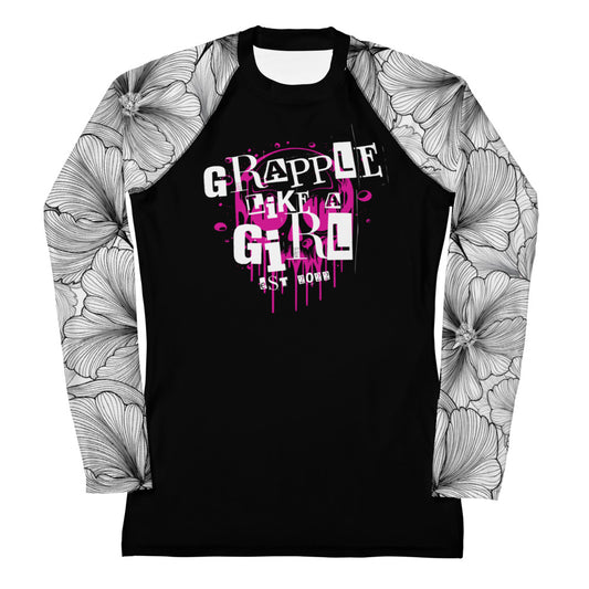 Women's Grapple like a Girl Rash Guard - Black with Black Floral Sleeves
