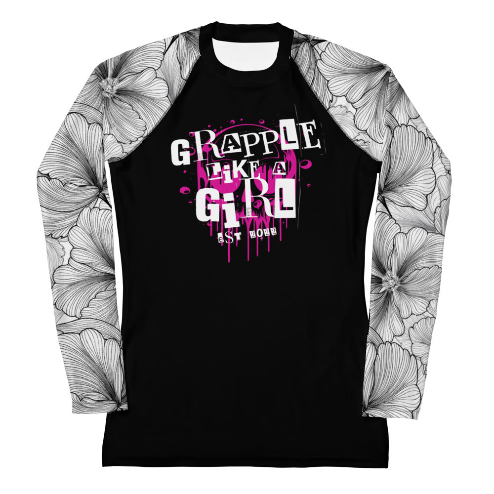 Women's Grapple like a Girl Rash Guard - Black with Black Floral Sleeves