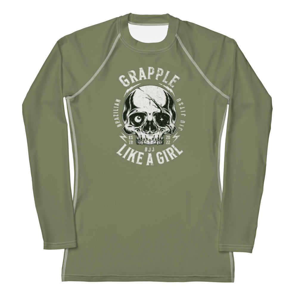 Women's Grapple like a Girl Rashguard - Skull Logo, Solid Green