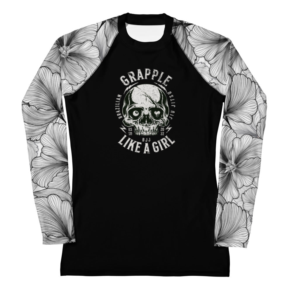 Women's Grapple like a Girl Rash Guard - Black Floral, Skull Logo ...