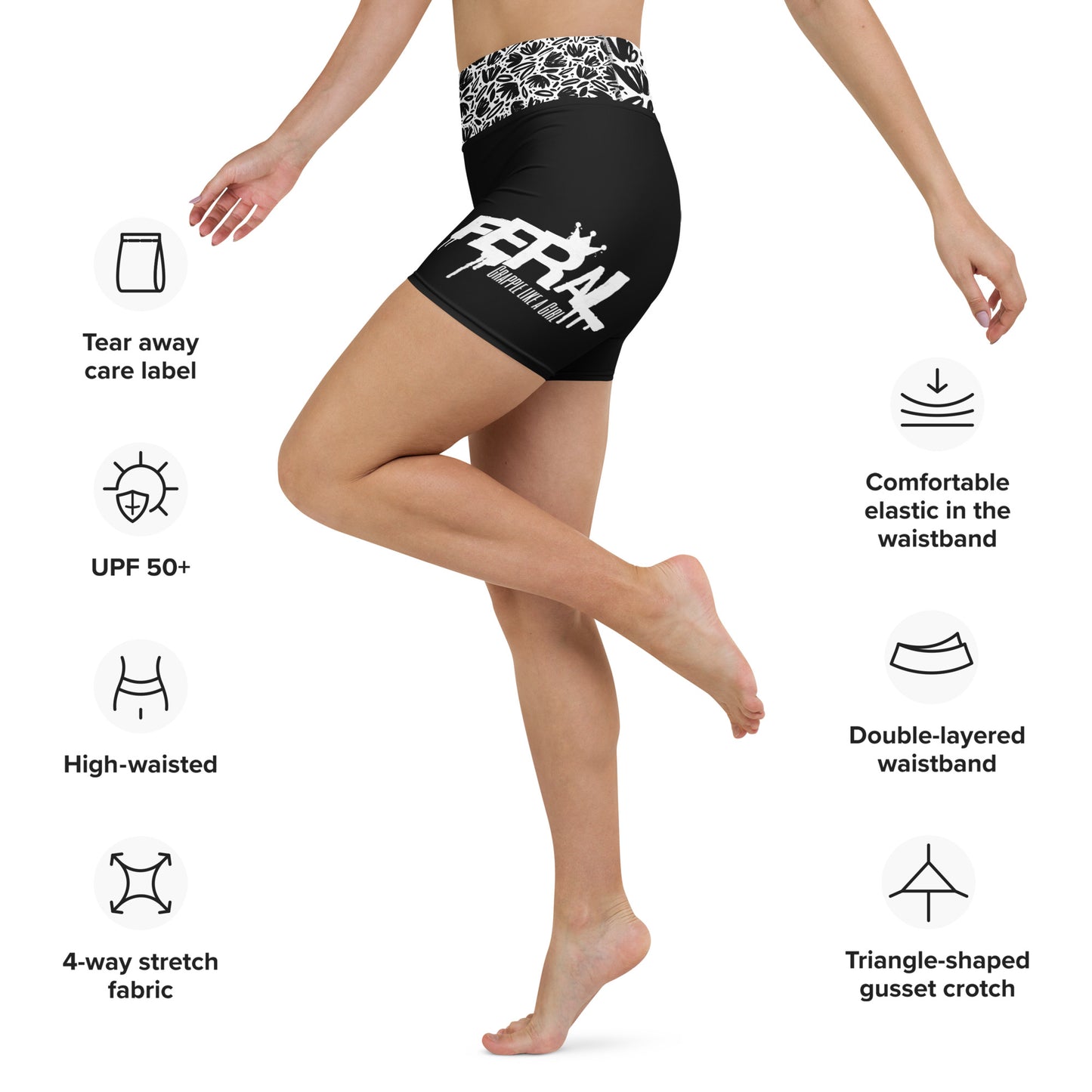 Grapple like a Girl Feral Jiu Jitsu No Gi Shorts, Black w/ Floral Wasitband