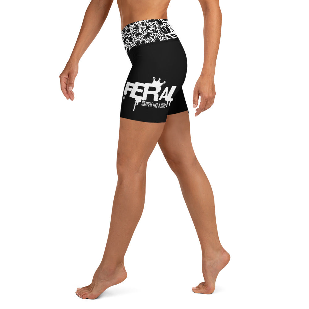 Grapple like a Girl Feral Jiu Jitsu No Gi Shorts, Black w/ Floral Wasitband